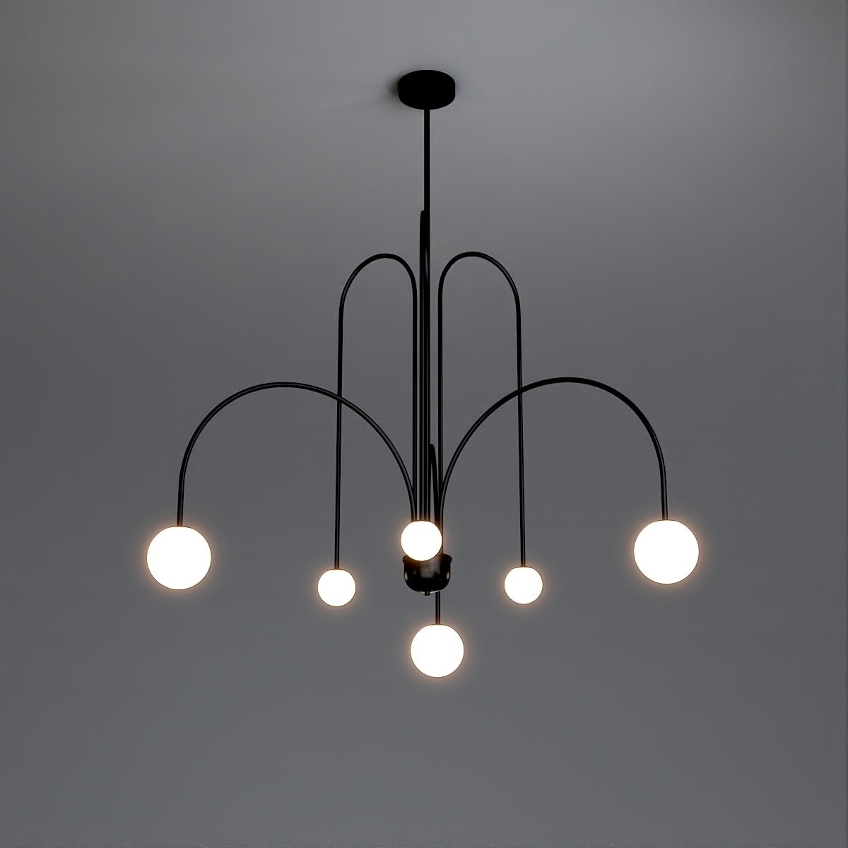 Art Deco Chandelier | Hand-Blown Opal Glass & Geometric Iron Design for Dining Room or Entryway