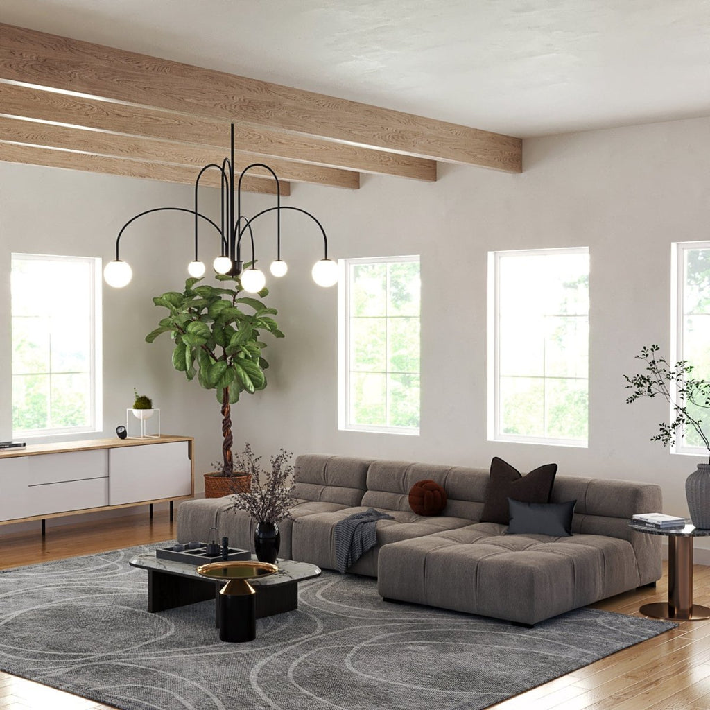 Art Deco Chandelier | Hand-Blown Opal Glass & Geometric Iron Design for Dining Room or Entryway