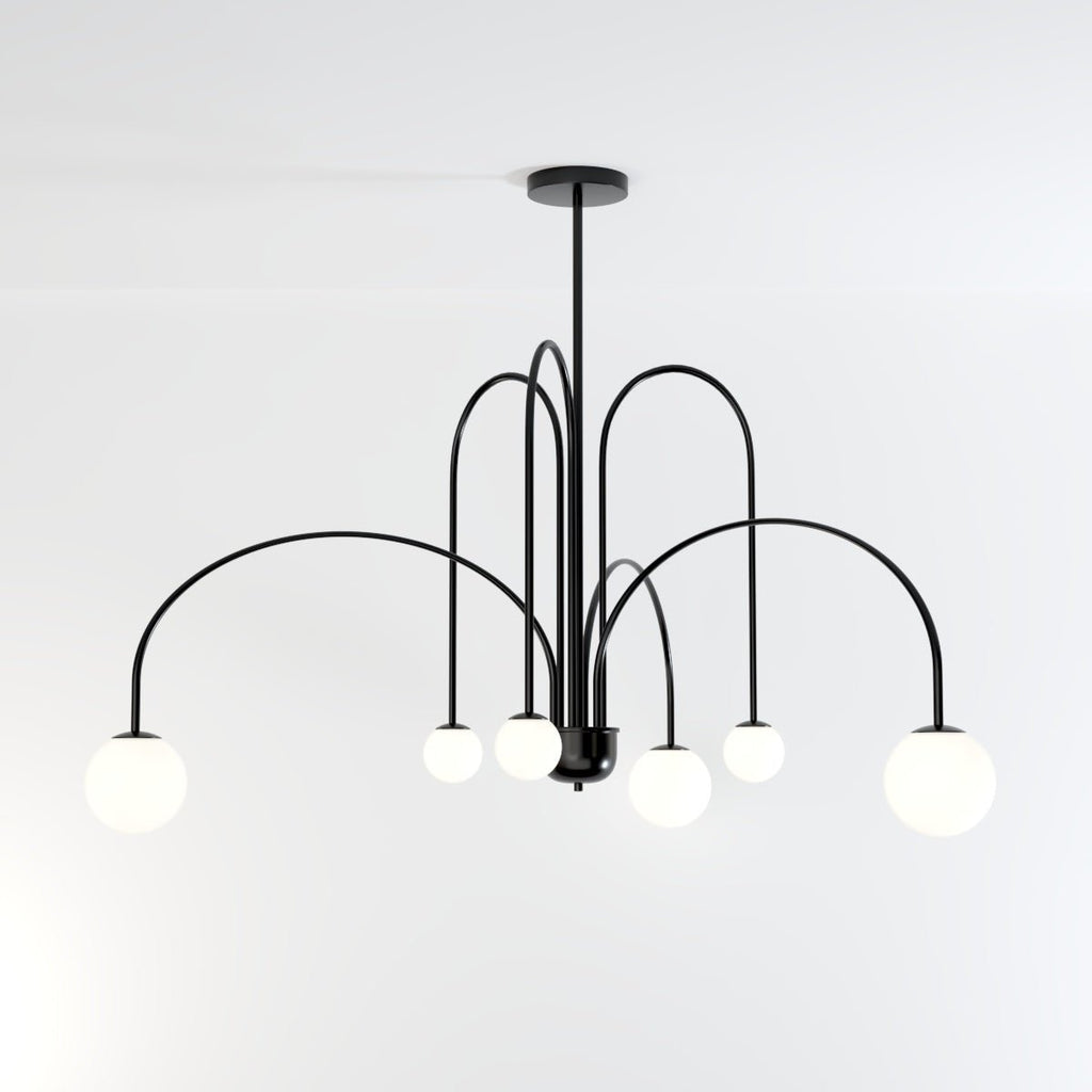 Art Deco Chandelier | Hand-Blown Opal Glass & Geometric Iron Design for Dining Room or Entryway