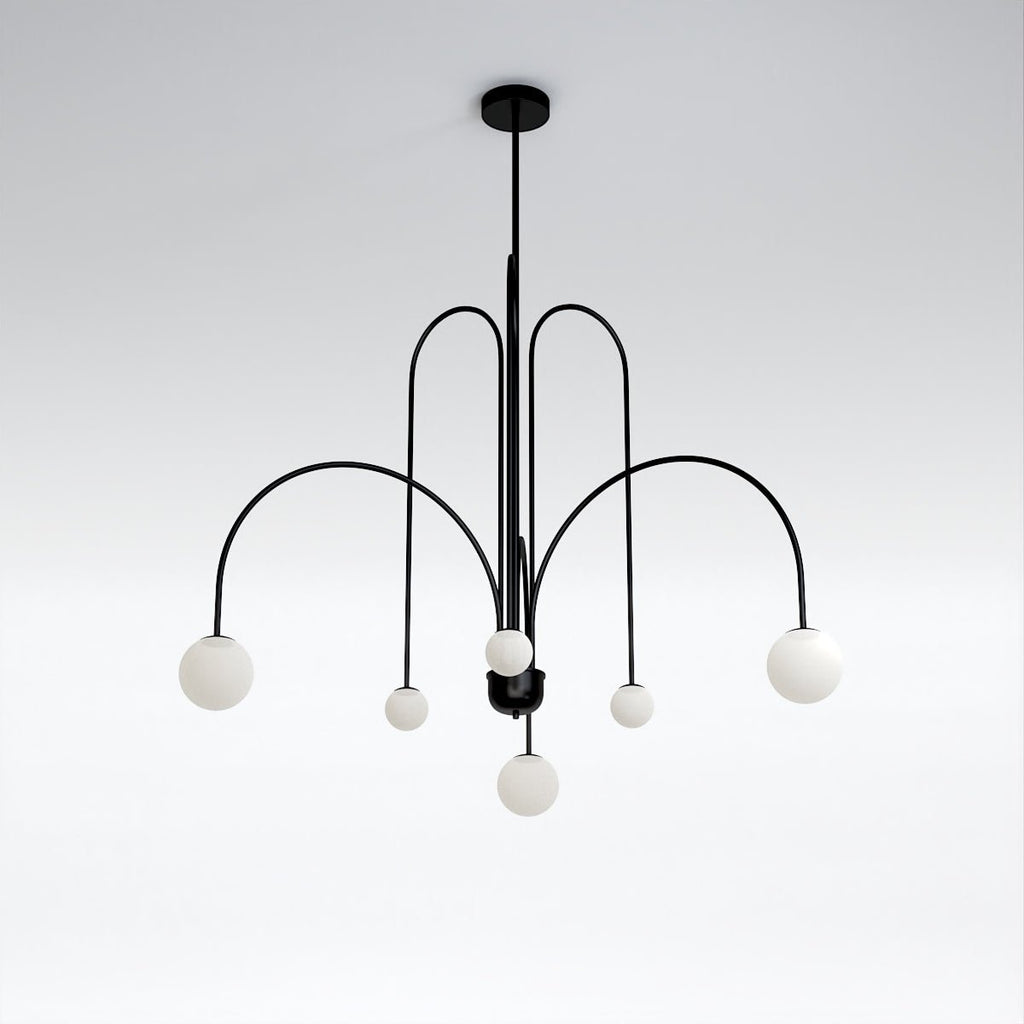 Art Deco Chandelier | Hand-Blown Opal Glass & Geometric Iron Design for Dining Room or Entryway