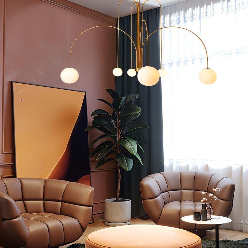 Art Deco Chandelier | Hand-Blown Opal Glass & Geometric Iron Design for Dining Room or Entryway