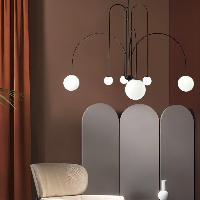 Art Deco Chandelier | Hand-Blown Opal Glass & Geometric Iron Design for Dining Room or Entryway