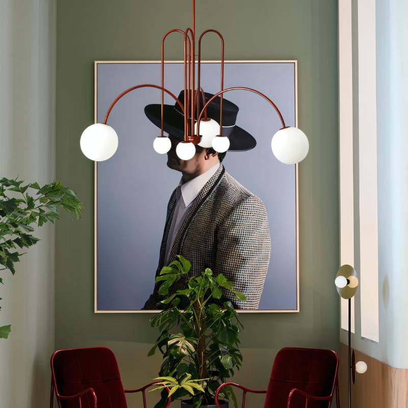 Art Deco Chandelier | Hand-Blown Opal Glass & Geometric Iron Design for Dining Room or Entryway