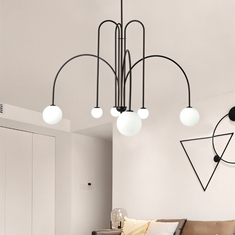 Art Deco Chandelier | Hand-Blown Opal Glass & Geometric Iron Design for Dining Room or Entryway