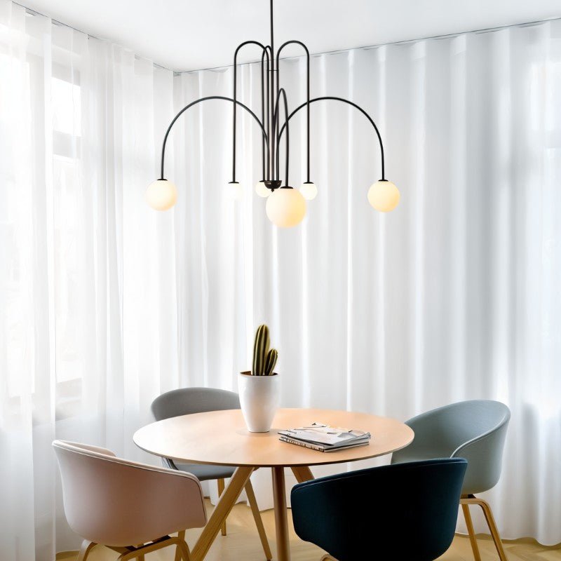 Art Deco Chandelier | Hand-Blown Opal Glass & Geometric Iron Design for Dining Room or Entryway