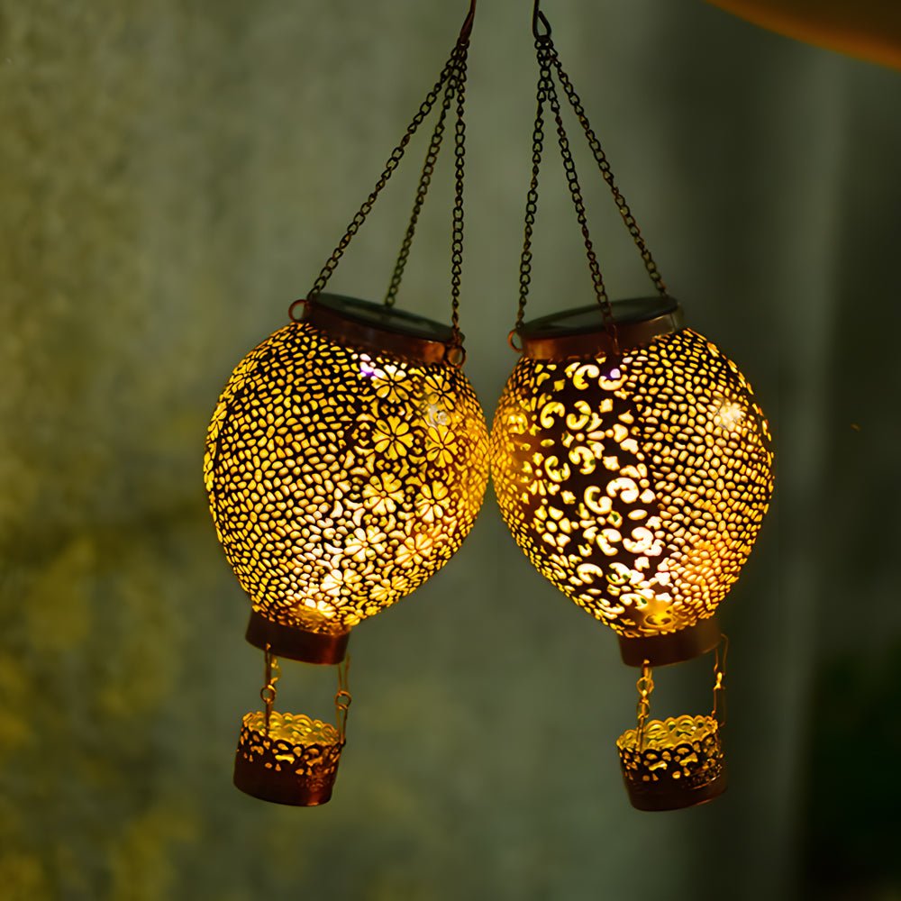 Portable Cast Iron Hot Air Balloon Solar Lantern - Hollow Outdoor Hanging Light for Garden Decor & Patio Illumination