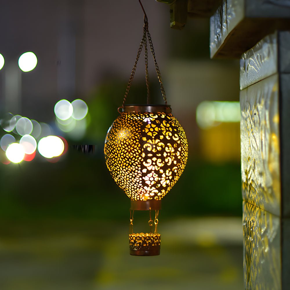 Portable Cast Iron Hot Air Balloon Solar Lantern - Hollow Outdoor Hanging Light for Garden Decor & Patio Illumination