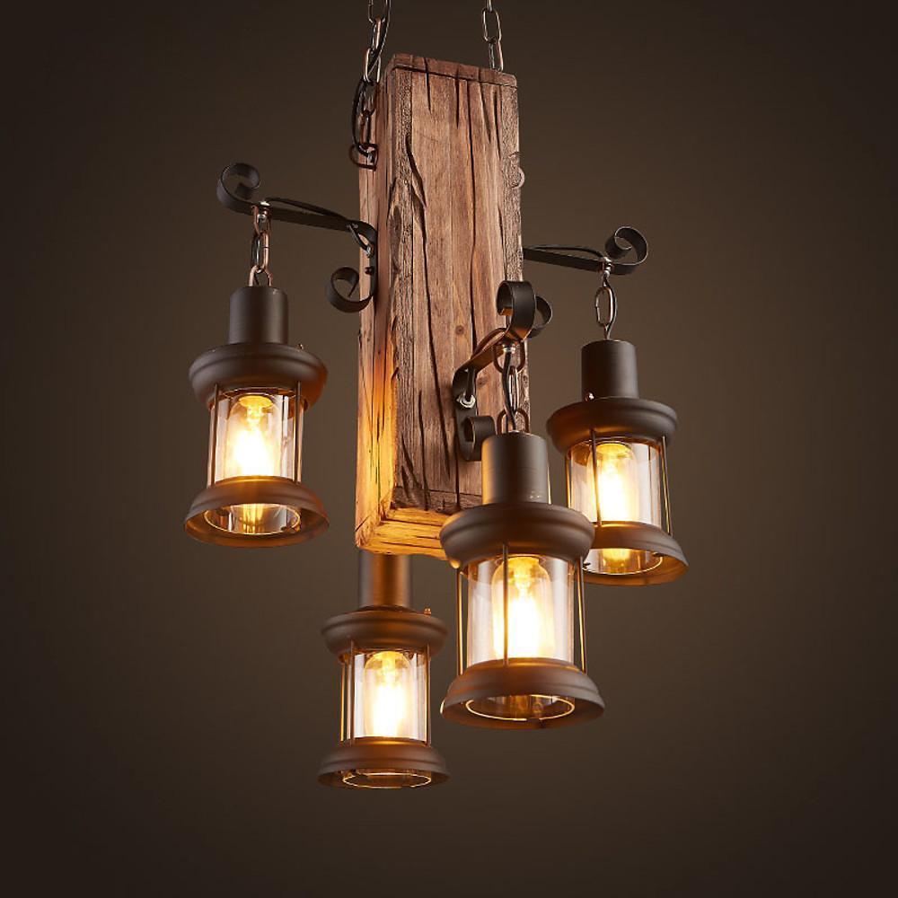 Farmhouse Wooden Chandelier with 4 Lantern Lights for Dining Room & Rustic Decor