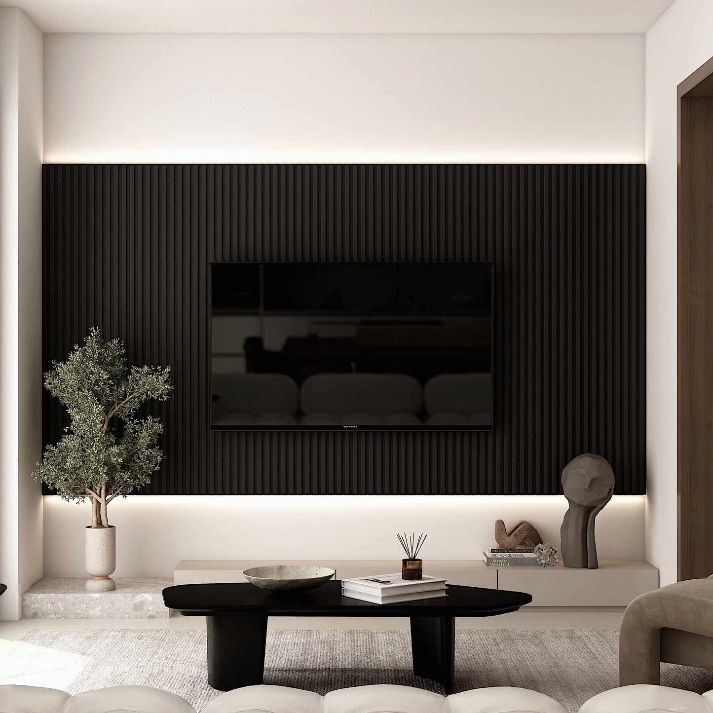 Black Wood Slat Wall Panel - Acoustic Accent Wall Panels for TV or Living Room, Modern Decorative Ideas