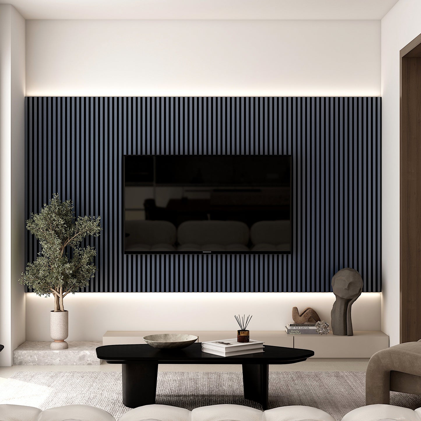 Black Wood Slat Wall Panel - Acoustic Accent Wall Panels for TV or Living Room, Modern Decorative Ideas