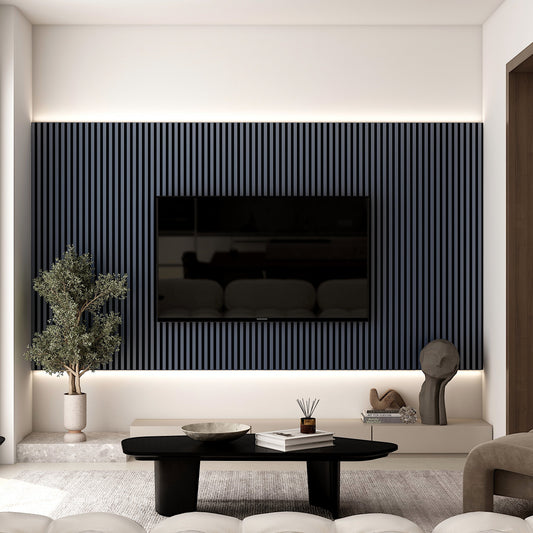 Black Wood Slat Wall Panel - Acoustic Accent Wall Panels for TV or Living Room, Modern Decorative Ideas