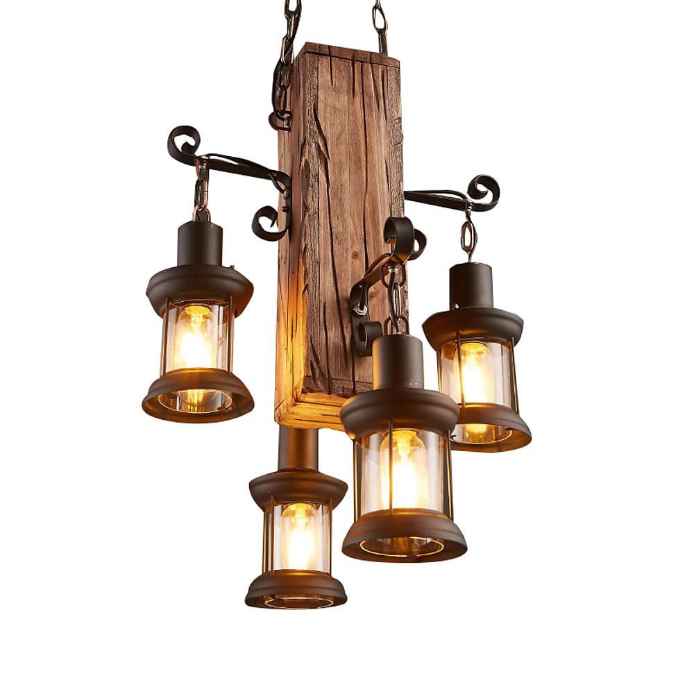 Farmhouse Wooden Chandelier with 4 Lantern Lights for Dining Room & Rustic Decor