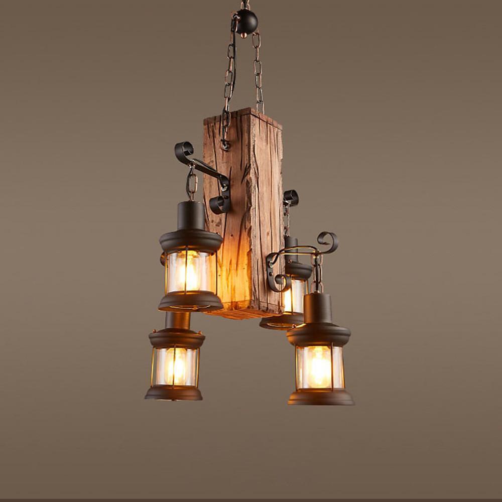 Farmhouse Wooden Chandelier with 4 Lantern Lights for Dining Room & Rustic Decor