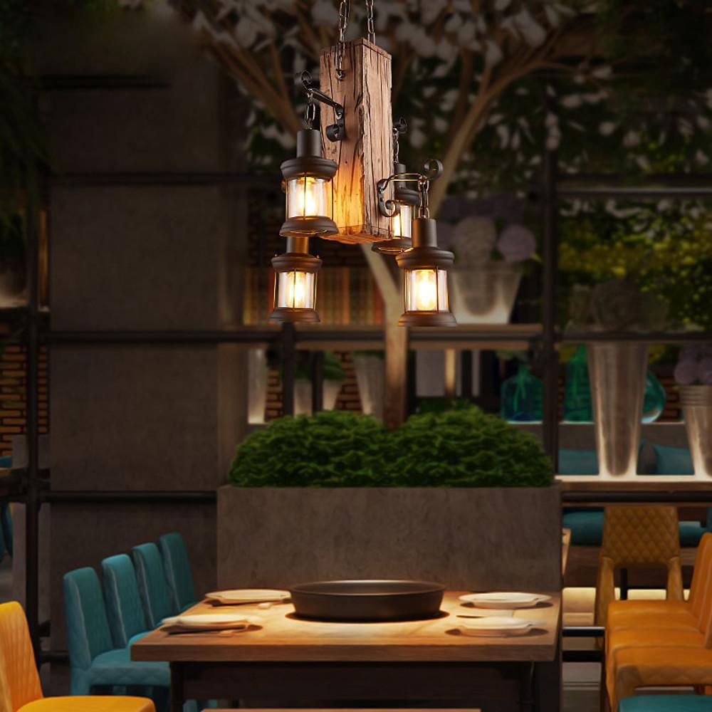 Farmhouse Wooden Chandelier with 4 Lantern Lights for Dining Room & Rustic Decor