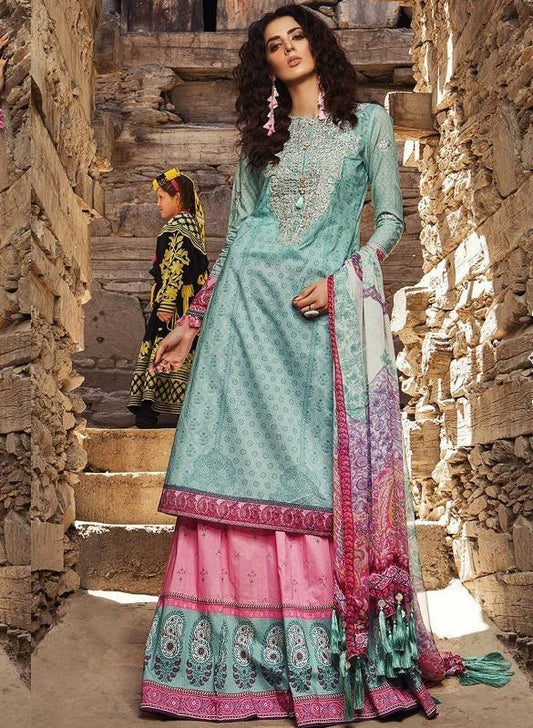 Aqua Blue Designer Lawn Embroidered Salwar Kameez - Balma Home