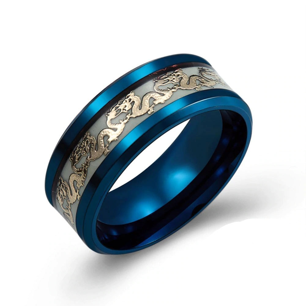 Black Tungsten Carbide Dragon Blue Inlay with Cubic Zirconia Wedding Band Mens Dragon Ring