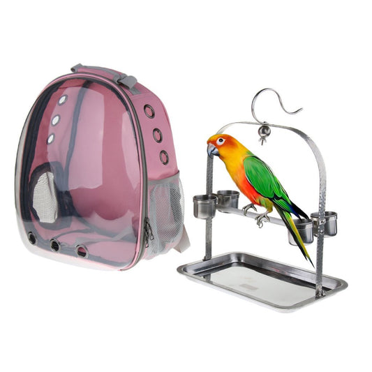 Clear Cover Parrot Bird Carrier Backpack with Stainless Steel Perch Stand & Feeder - Balma Home