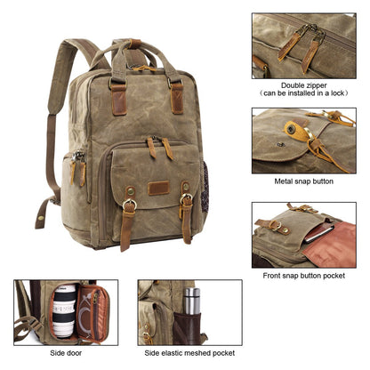 Waterproof Waxed Canvas Camera Backpack Fit 15.6 Inches Laptop