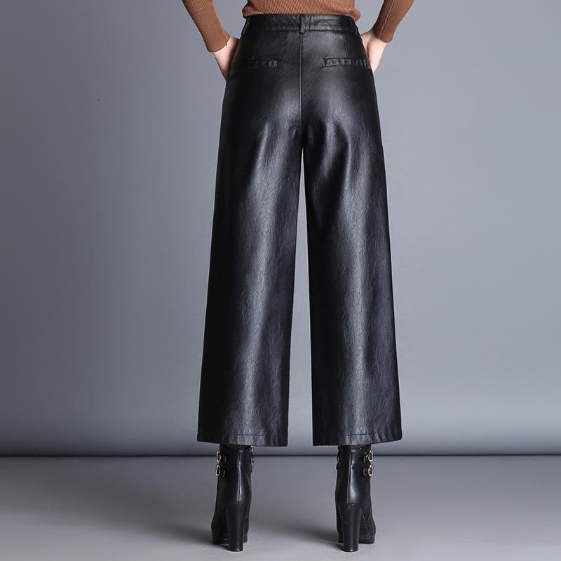 Plus Size Black Leather Culottes Belted and Elastic
