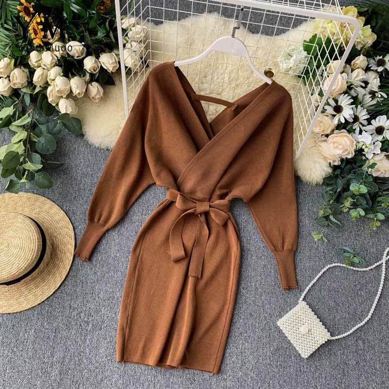 Autumn Winter Women Rust Sweater Dress