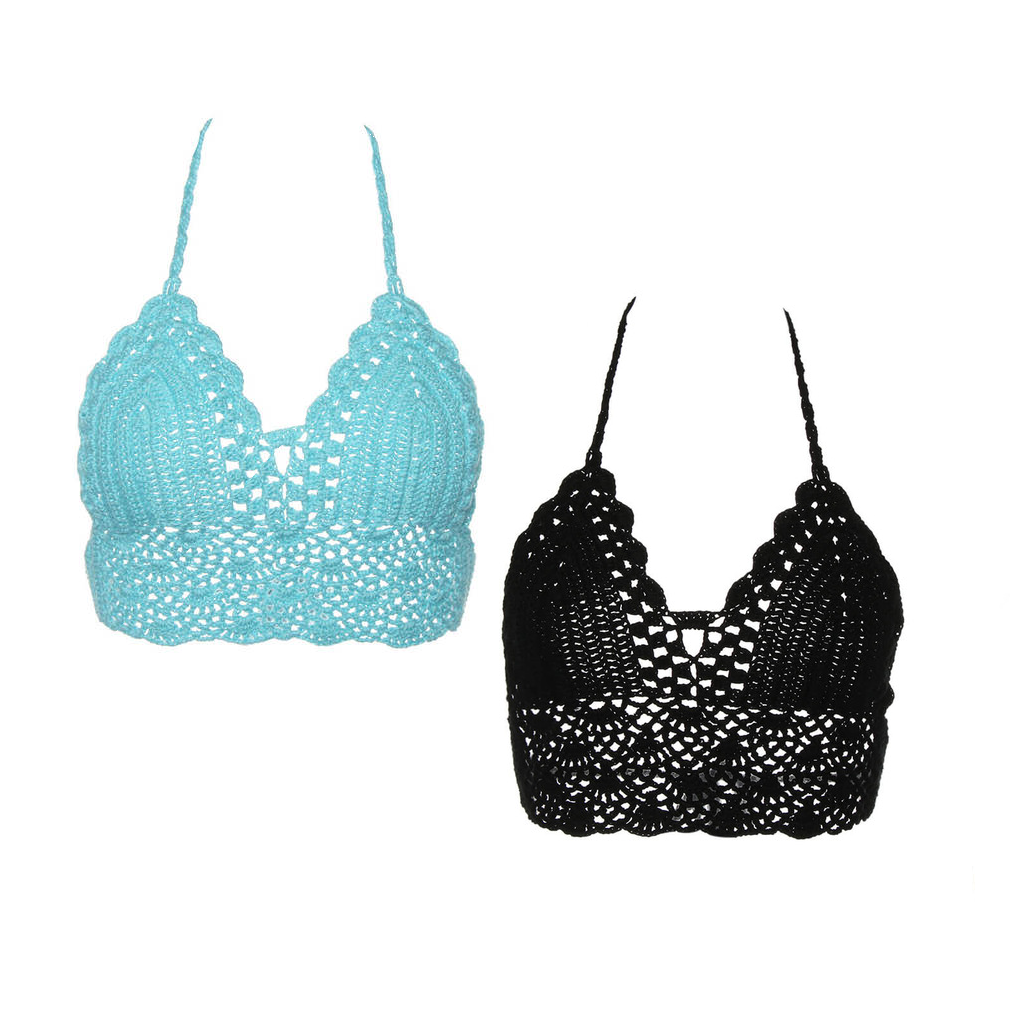 2pcs Sexy Crocheted Crop Tops Women Beach Brochet Halter Top Bralette Backless Summerwear