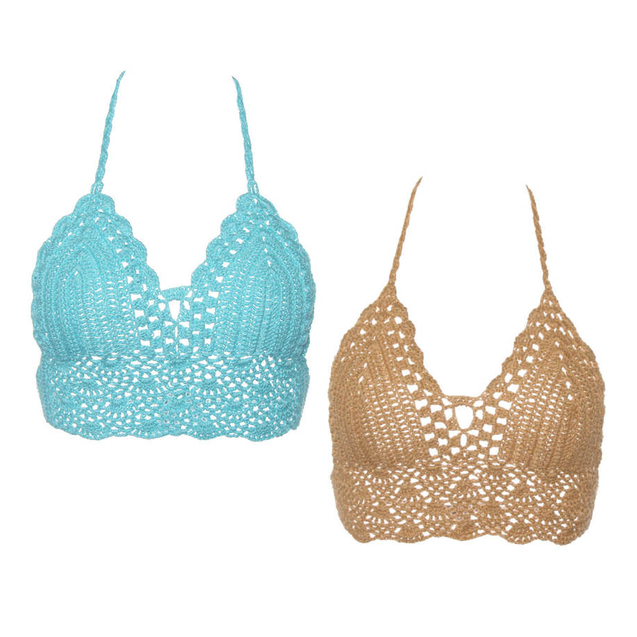 2pcs Sexy Crocheted Crop Tops Women Beach Brochet Halter Top Bralette Backless Summerwear