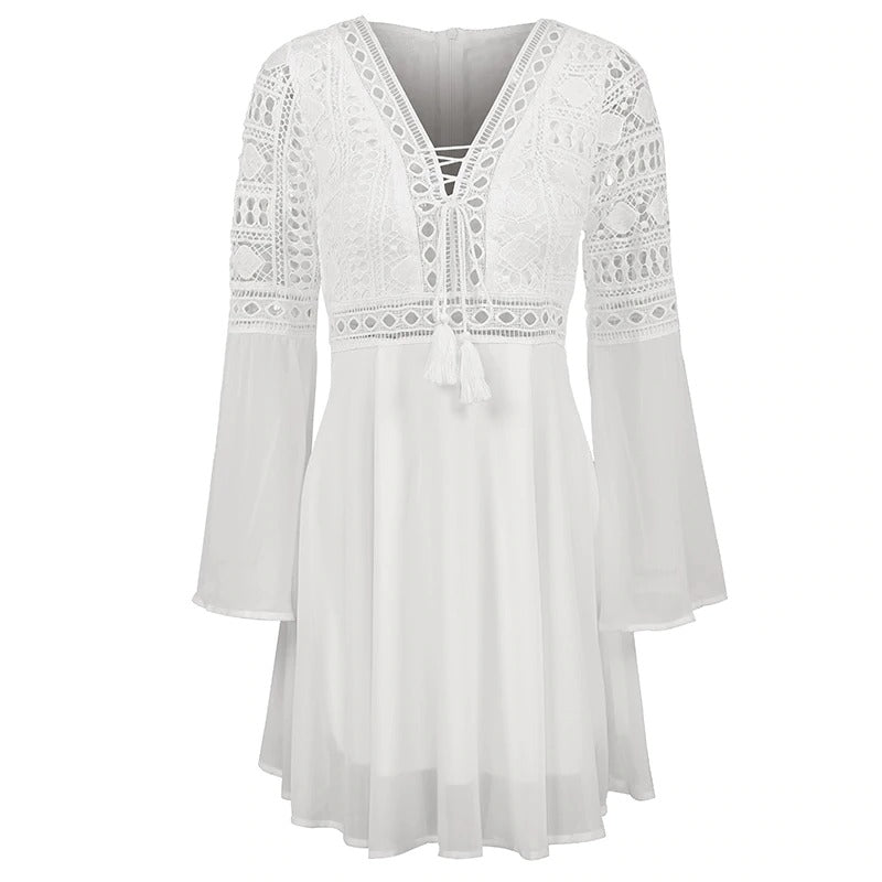 Women's White Dress V-Neck Hollow