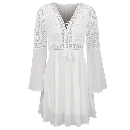 Women's White Dress V-Neck Hollow