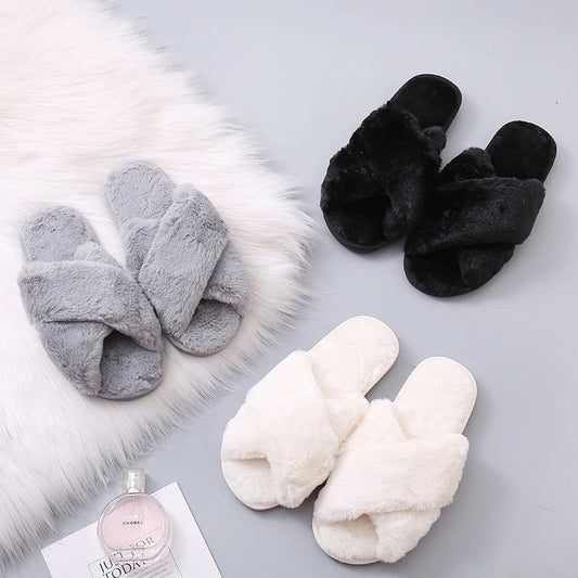 Winter Faux Fur Plush Home Slippers Criss Cross slippers