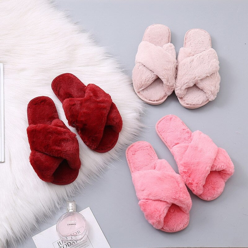 Winter Faux Fur Plush Home Slippers Criss Cross slippers