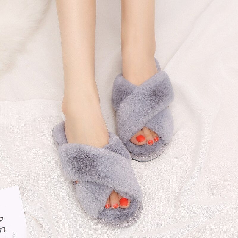 Winter Faux Fur Plush Home Slippers Criss Cross slippers
