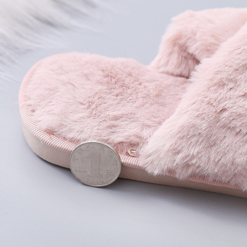 Winter Faux Fur Plush Home Slippers Criss Cross slippers