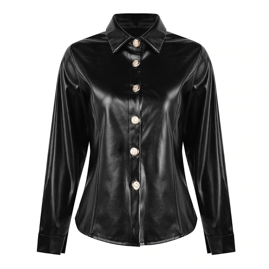 Faux Leather Shirt Blouse Women Long Sleeve