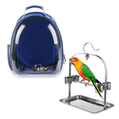 Clear Cover Parrot Bird Carrier Backpack with Stainless Steel Perch Stand & Feeder