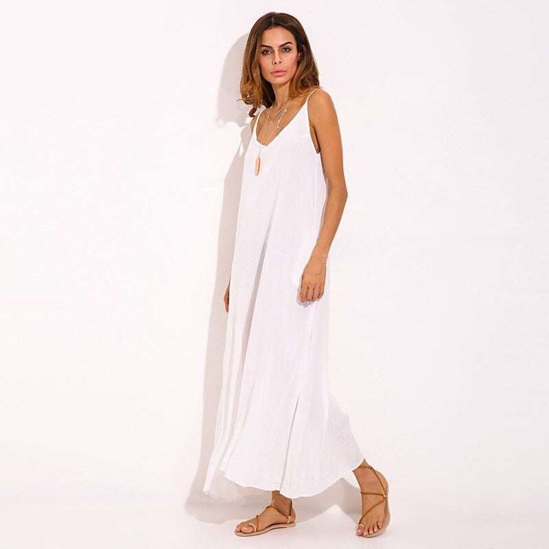 Women Strapless V Neck Long White Plain Maxi Dress