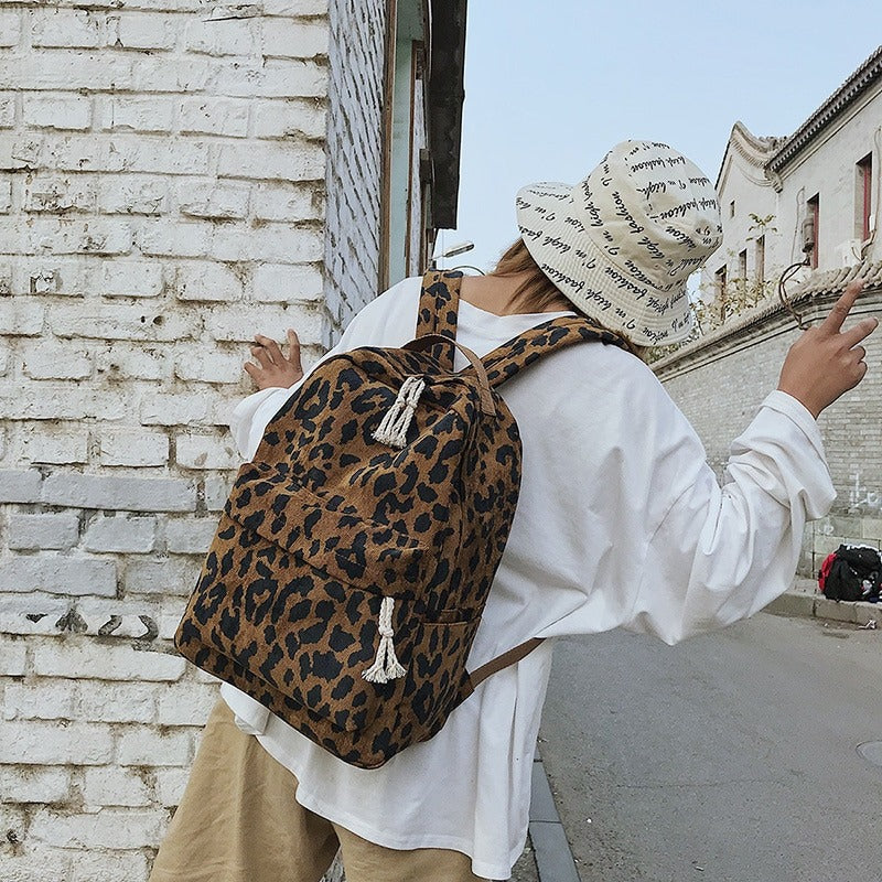 Vintage Large Faux Leather Travel Backpack, Brown leopard