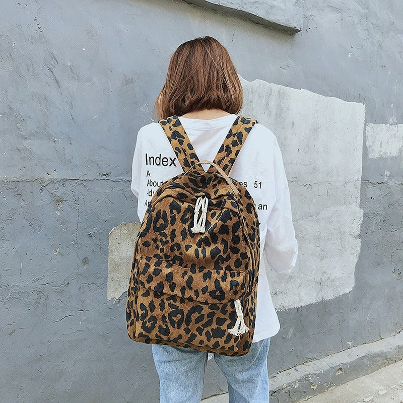 Vintage Large Faux Leather Travel Backpack, Brown leopard