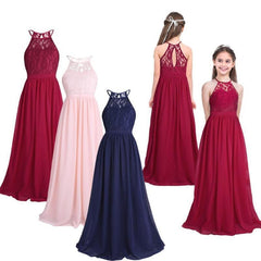 Adorable Halter Pleated Girls Party Lace Long Dresses