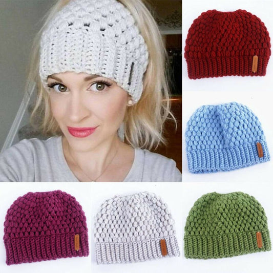 Ponytail Beanie Messy Bun Beanie Winter Hat With Hole For Ponytail