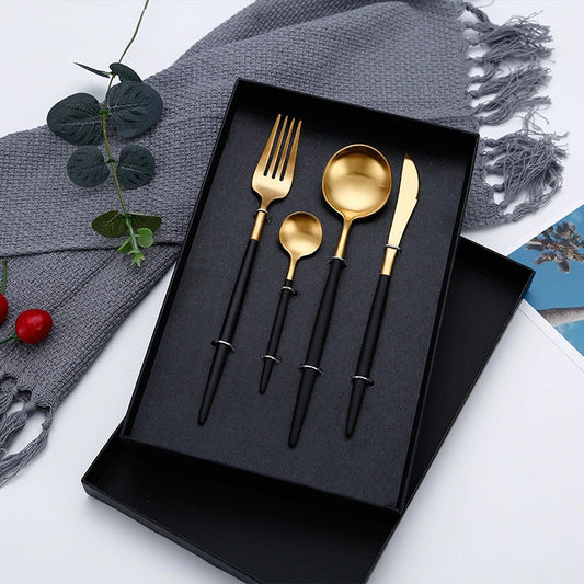 4pcs Gold Black Dinnerware Set Stainless Steel Luxury Cutlery Set