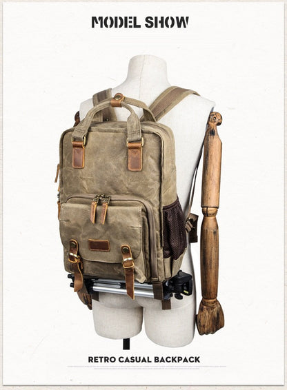 Waterproof Waxed Canvas Camera Backpack Fit 15.6 Inches Laptop