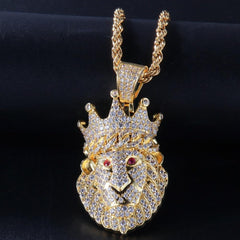 Iced Out Crown Lion Animal Pendants Necklace for Men