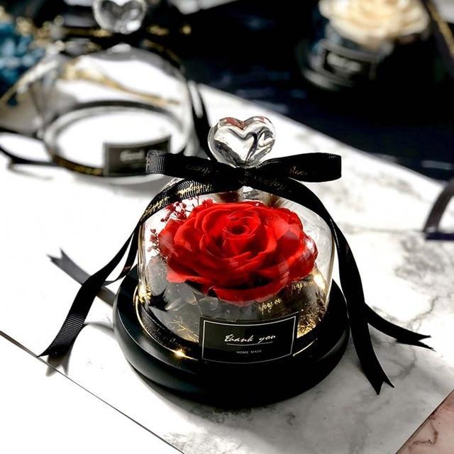 Exclusive Real Preserved Rose in Glass Dome with Lights Rose Valentines Day Gift - Balma Home