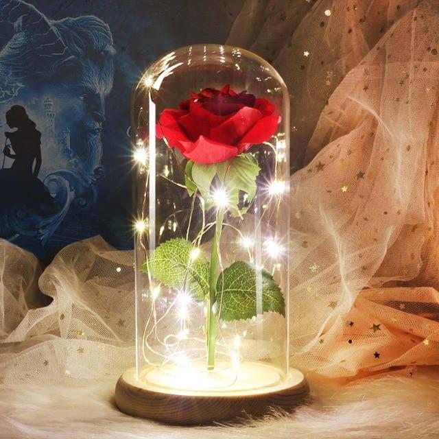 Exclusive Real Preserved Rose in Glass Dome with Lights Rose Valentines Day Gift - Balma Home