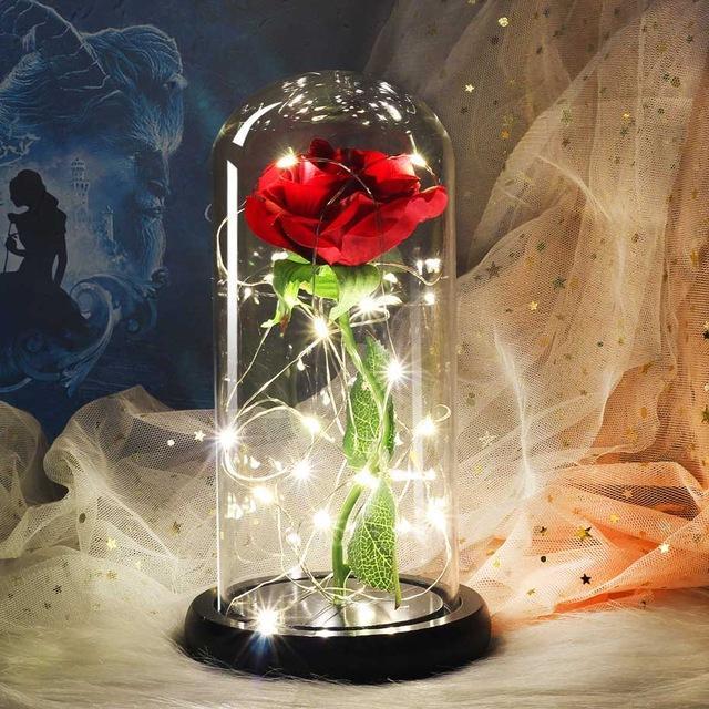 Exclusive Real Preserved Rose in Glass Dome with Lights Rose Valentines Day Gift - Balma Home