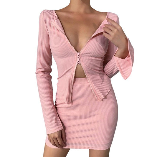 Women Sexy Double Zipper Knitted Sweater Skirt Set